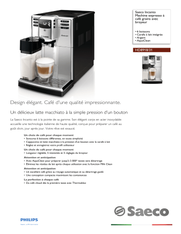 Saeco HD8918/31 Saeco Incanto Machine expresso à café grains avec broyeur Manuel utilisateur | Fixfr