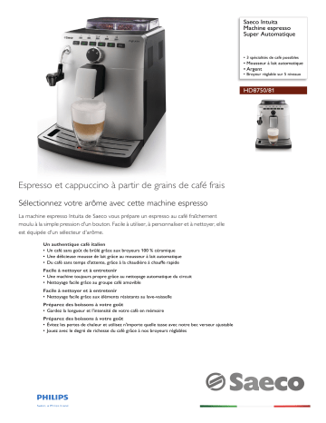Saeco HD8750/81 Saeco Intuita Machine espresso Super Automatique Manuel utilisateur | Fixfr
