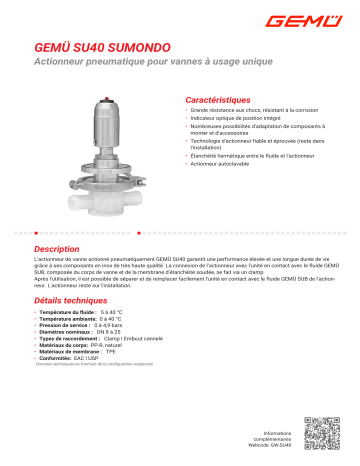 Gemu SU40 SUMONDO Pneumatic actuator for single-use valves Fiche technique | Fixfr