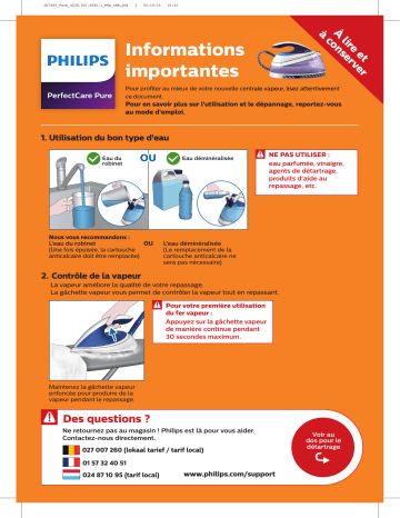 GC7635/30 | GC7642/30 | GC7641/30 | GC7642/35 | GC7629/20 | GC7620/30 | GC7640/80 | GC7631/20 | GC7630/30 | Philips GC7643/20 PerfectCare Pure Centrale vapeur Guide de démarrage rapide | Fixfr