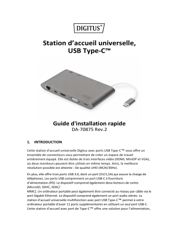 Digitus DA-70875 Universal Docking Station, USB Type-C™ Guide de démarrage rapide | Fixfr