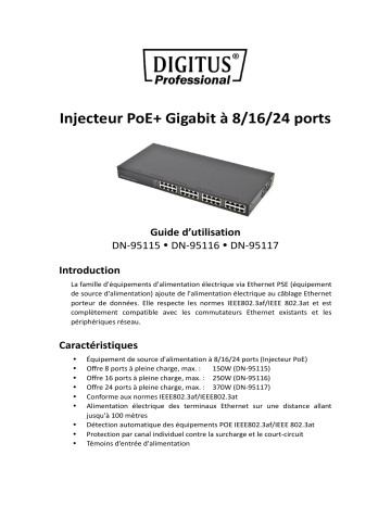 Digitus DN-95117 24 Port Gigabit Ethernet PoE+ Injector, 802.3af/at, 370 W Manuel du propriétaire | Fixfr