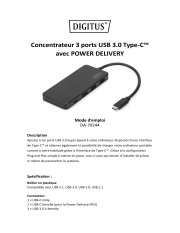 Digitus DA-70244 USB Type-C™ 3-Port Hub (USB 3.0) + PD Manuel du propriétaire | Fixfr