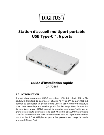 Digitus DA-70867 USB Type-C™ Multiport Travel Dock, 6 Port Guide de démarrage rapide | Fixfr