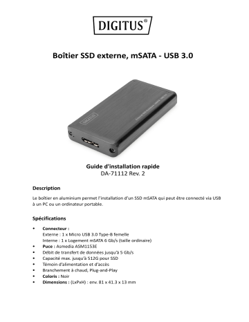 Digitus DA-71112 External SSD Enclosure, mSATA - USB 3.0 Guide de démarrage rapide | Fixfr