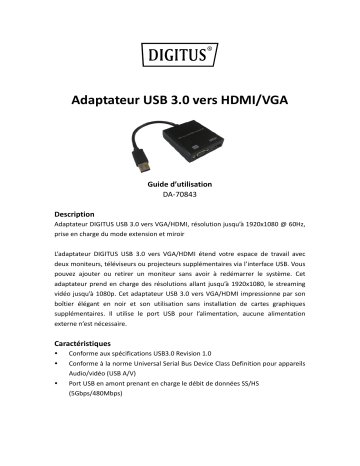 Digitus DA-70843 USB 3.0 to HDMI/VGA Adapter Guide de démarrage rapide | Fixfr