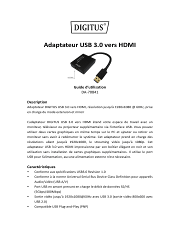 Digitus DA-70841 USB 3.0 to HDMI Adapter Guide de démarrage rapide | Fixfr