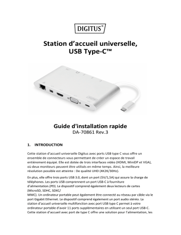 Digitus DA-70861 Universal Docking Station, USB Type-C™ Guide de démarrage rapide | Fixfr