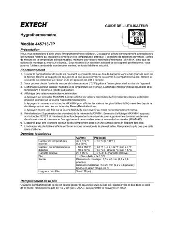 Extech Instruments 445713-TP Big Digit Indoor/Outdoor Hygro-Thermometer Manuel utilisateur | Fixfr