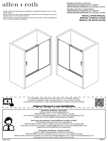 Allen + Roth DAVIDSON-TD-SN Davidson 54-in H x 58.5-in to 60-in W Frameless Sliding Satin nickel Bathtub Door Installation manuel | Fixfr