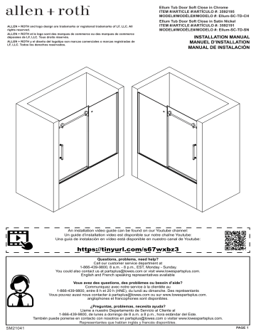 Allen + Roth ELLUM-SC-TD-SN Ellum 54-in H x 58.25-in to 60-in W Frameless Sliding Satin nickel Bathtub Door Installation manuel | Fixfr