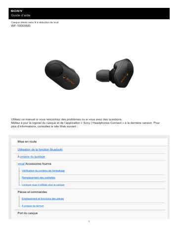 Sony WF-1000XM3 Écouteurs sans fil Bluetooth à Réduction de Bruit True Wireless Manuel utilisateur | Fixfr
