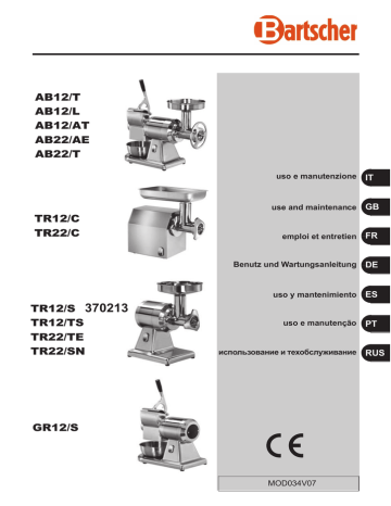 Bartscher 370213 Meat grinder 12SQO, 0,75 kW Mode d'emploi | Fixfr