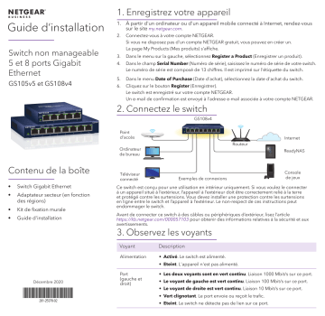 (GS105) Switch Ethernet 5 Ports RJ45 Métal Gigabit | Netgear (GS108) Switch Ethernet 8 Ports RJ45 Métal Gigabit Manuel utilisateur | Fixfr