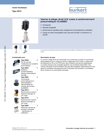 Burkert 2012 Pneumatically operated 2/2 way globe valve CLASSIC Fiche technique | Fixfr