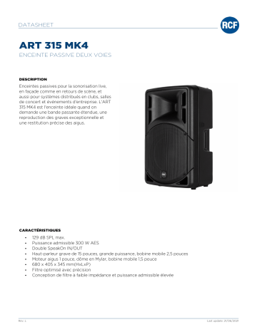 RCF ART 315 MK4 PASSIVE TWO-WAY SPEAKER spécification | Fixfr