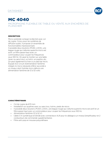 RCF MC 4040 GOOSENECK ELECTRET MICROPHONE spécification | Fixfr