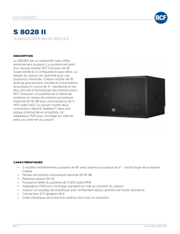 RCF S 8028 II BASS REFLEX SUBWOOFER spécification | Fixfr