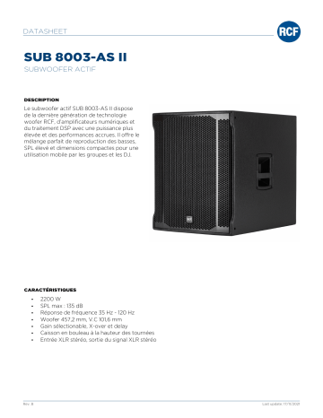 RCF SUB 8003-AS II ACTIVE SUBWOOFER spécification | Fixfr