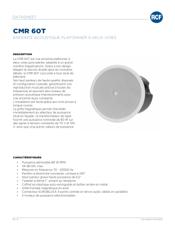 RCF CMR 60T TWO-WAY CEILING MONITOR SPEAKER spécification | Fixfr