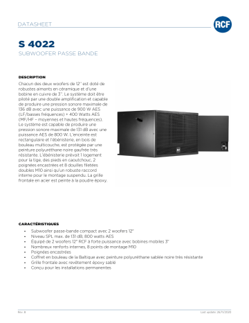 RCF S 4022 BANDPASS SUBWOOFER spécification | Fixfr