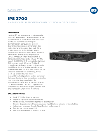 RCF IPS 3700 2 X 1500 W CLASS H PROFESSIONAL POWER AMPLIFIER spécification | Fixfr