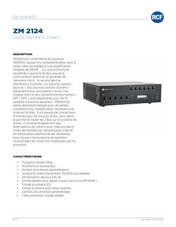 RCF ZM 2124 6 ZONES AMPLIFIED MASTER UNIT spécification | Fixfr