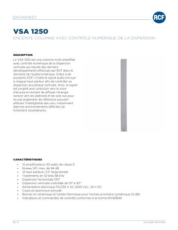 RCF VSA 1250 DIGITALLY STEERABLE SOUND COLUMN SPEAKER spécification | Fixfr