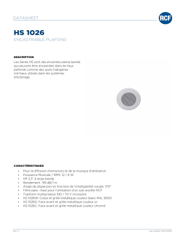 RCF HS 1026 SPOTLIGHT CEILING SPEAKER spécification | Fixfr