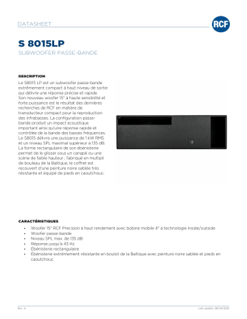 RCF S 8015LP BANDPASS SUBWOOFER spécification | Fixfr