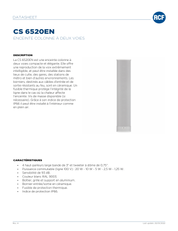 RCF CS 6520EN TWO-WAY COLUMN SPEAKER spécification | Fixfr