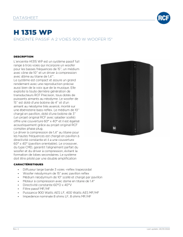 RCF H 1315 WP THREE WAY INDOOR/OUTDOOR HORN LOADED SPEAKER SYSTEM spécification | Fixfr