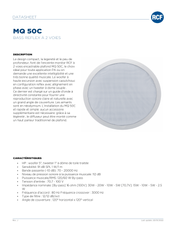 RCF MQ 50C TWO-WAY CEILING SPEAKER spécification | Fixfr