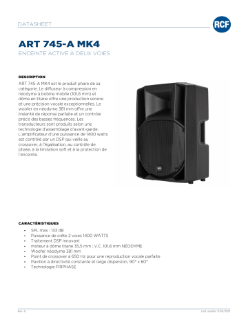 RCF ART 745-A MK4 ACTIVE TWO-WAY SPEAKER spécification | Fixfr