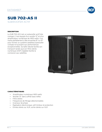 RCF SUB 702-AS II ACTIVE SUBWOOFER spécification | Fixfr