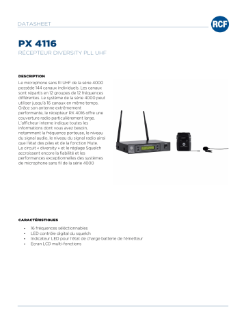 RCF PX 4116 UHF WIRELESS MICROPHONE - DIVERSITY SYSTEM spécification | Fixfr