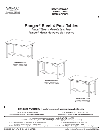 7732 | 7732A | 7736 | 7739 | 7737A | 7739A | 7739B | 7734A | 7736B | 7737 | 7736A | 7737B | Safco 7734B Ranger Steel 4-Post Table 48” W x 37.5” D Manuel utilisateur | Fixfr