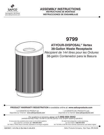 Safco 9799BL At-Your-Disposal® Vertex 38 Gallon Manuel utilisateur | Fixfr