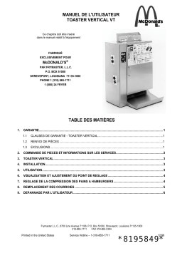 Frymaster McDonald's Chain Drive Vertical Toaster Mode d'emploi