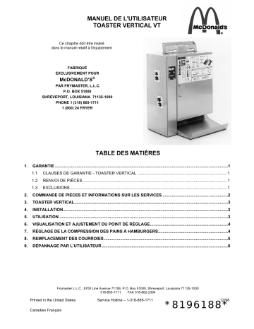 Frymaster McDonald's Chain Drive Vertical Toaster Mode d'emploi | Fixfr