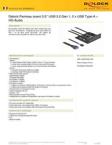 DeLOCK 64150 3.5″ USB 3.2 Gen 1 Front Panel 2 x USB Type-A + HD-Audio Fiche technique | Fixfr