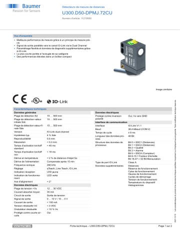 Baumer U300.D50-DPMJ.72CU Ultrasonic distance measuring sensor Fiche technique | Fixfr