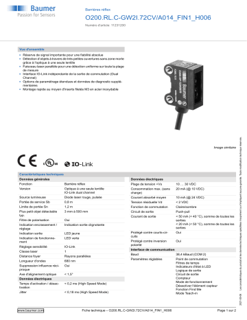 Baumer O200.RL.C-GW2I.72CV/A014_FIN1_H006 Retro-reflective sensor Fiche technique | Fixfr