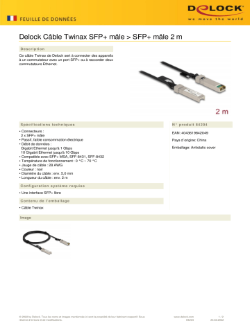 DeLOCK 84204 Cable Twinax SFP+ male to SFP+ male 2 m Fiche technique | Fixfr