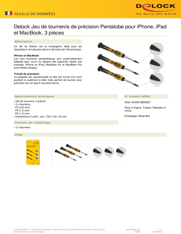 DeLOCK 90560 Precision Pentalobe Screwdriver Set for iPhone, iPad and MacBook, 3 parts Fiche technique | Fixfr