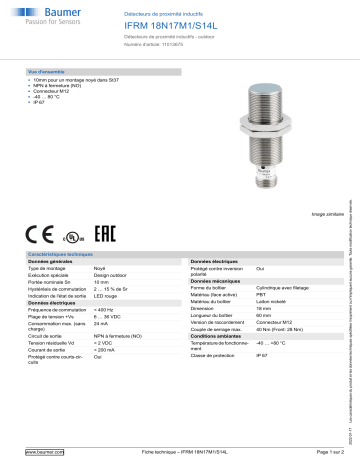 Baumer IFRM 18N17M1/S14L Inductive proximity switch Fiche technique | Fixfr