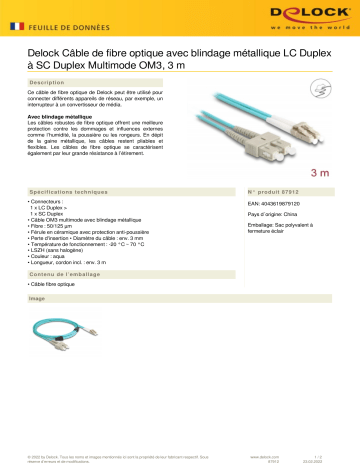 DeLOCK 87912 Fiber Optical Cable Fiche technique | Fixfr