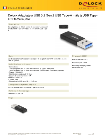 DeLOCK 60001 USB 3.2 Gen 2 Adapter USB Type-A male to USB Type-C™ female black Fiche technique | Fixfr