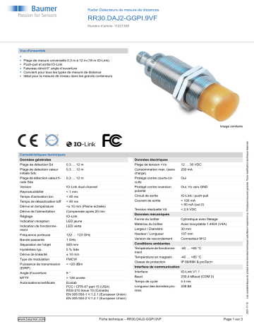 Baumer RR30.DAJ2-GGPI.9VF Radar distance measuring sensor Fiche technique | Fixfr
