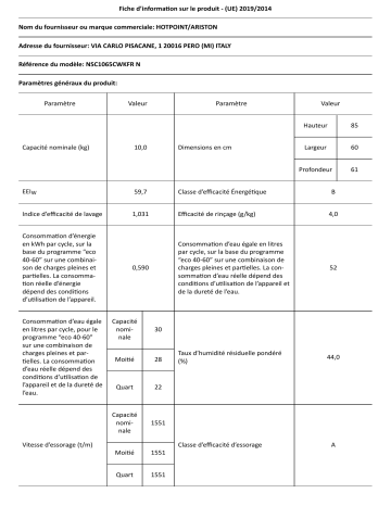 HOTPOINT/ARISTON NSC1065CWKFR N Washing machine Manuel utilisateur | Fixfr